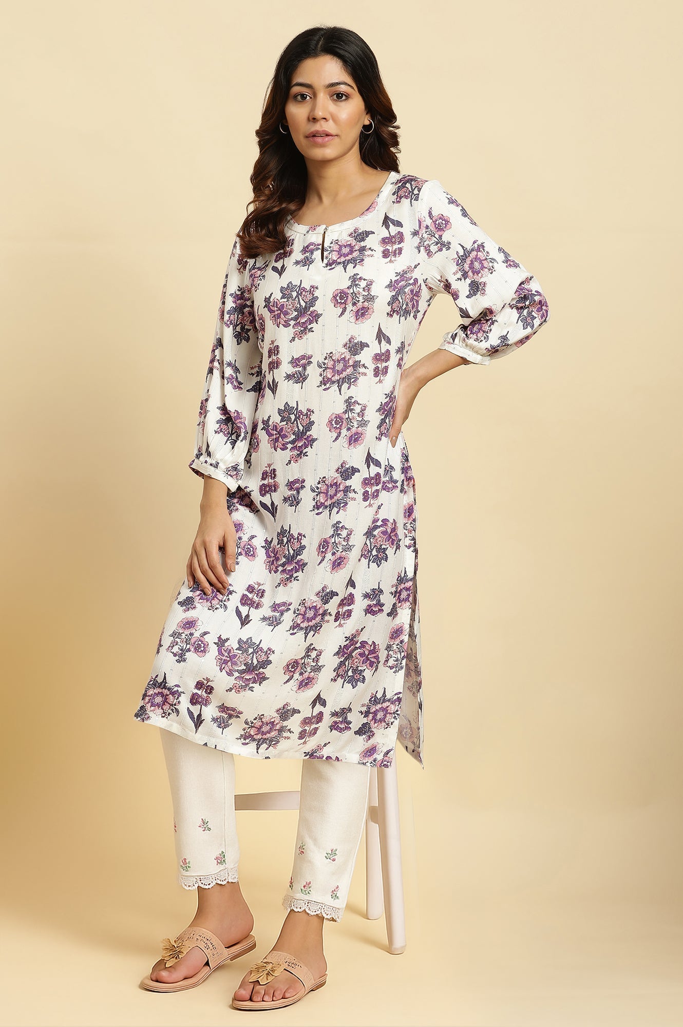 W for Woman White Floral Printed Gota Rayon A-Line Kurta and Slim Pant Set