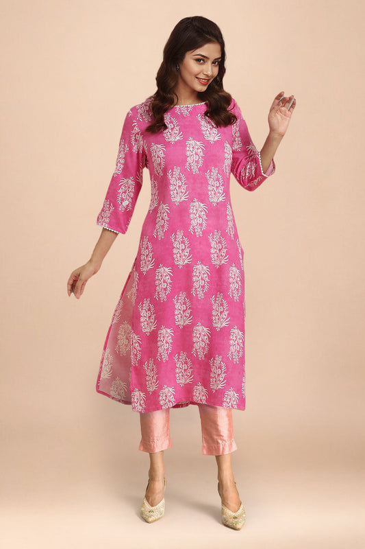 W for Woman Pink Floral Printed Rayon Straight Kurta and Slim Pant Set