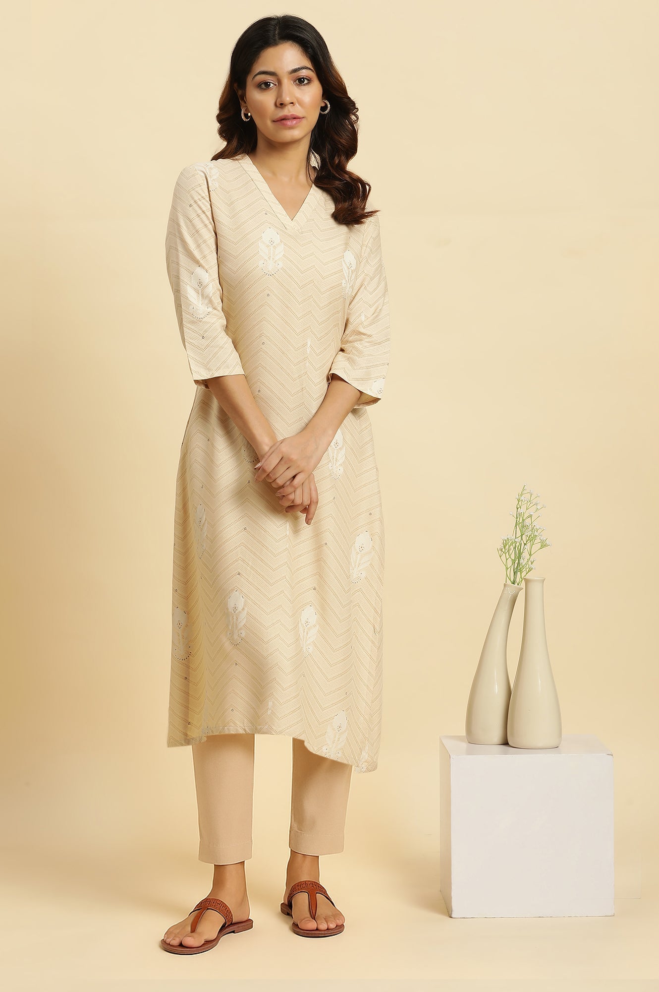 W for Woman Beige Floral Printed Rayon A-Line Kurta and Slim Pant Set