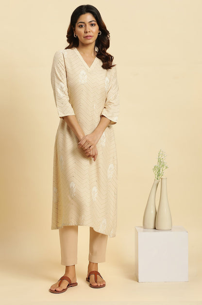 W for Woman Beige Floral Printed Rayon A-Line Kurta and Slim Pant Set