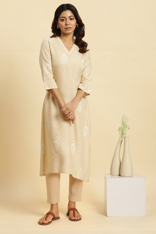 W for Woman Beige Floral Printed Rayon A-Line Kurta and Slim Pant Set