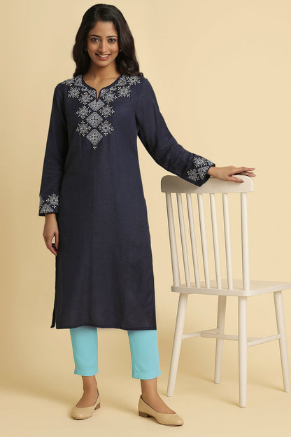 W for Woman Blue Solid Thread Work Rayon Flax Straight Kurta and Slim Pant Set