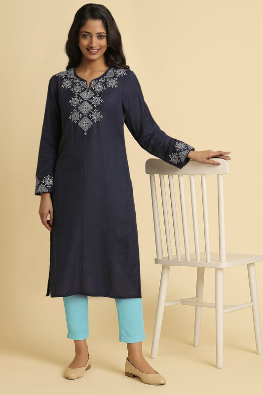 W for Woman Blue Solid Thread Work Rayon Flax Straight Kurta and Slim Pant Set