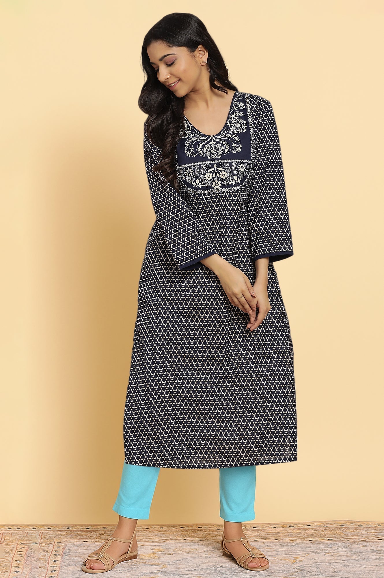W for Woman Blue Geometric Printed Dori Embroidered Cotton Flax Straight Kurta and Slim Pant Set
