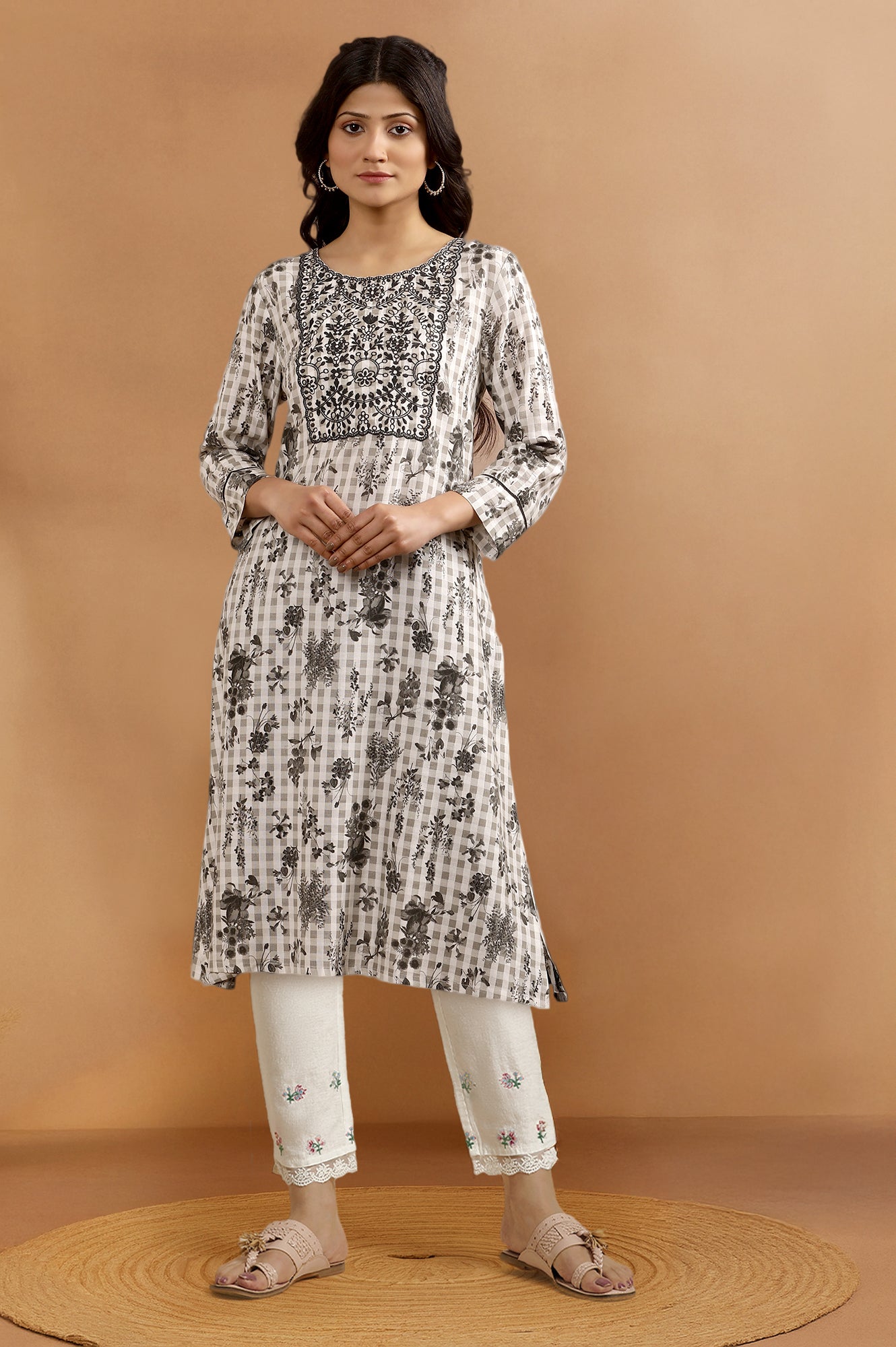 W for Woman White Floral Printed Thread Work Rayon Flax Straight Kurta and Slim Pant Set