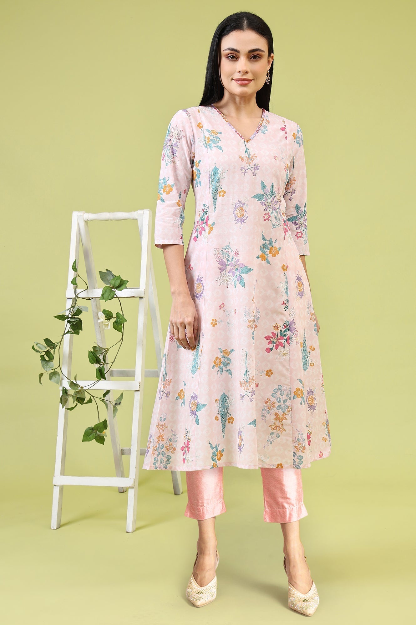 W for Woman Pink Floral Printed Thread Embroidered Pure Cotton A-Line Kurta and Slim Pant Set