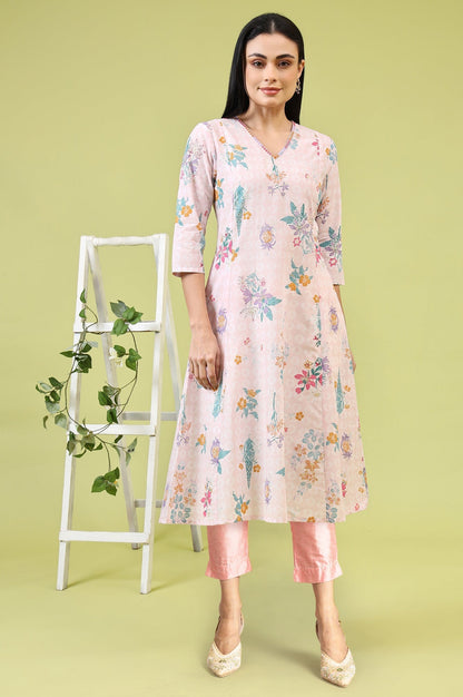 W for Woman Pink Floral Printed Thread Embroidered Pure Cotton A-Line Kurta and Slim Pant Set