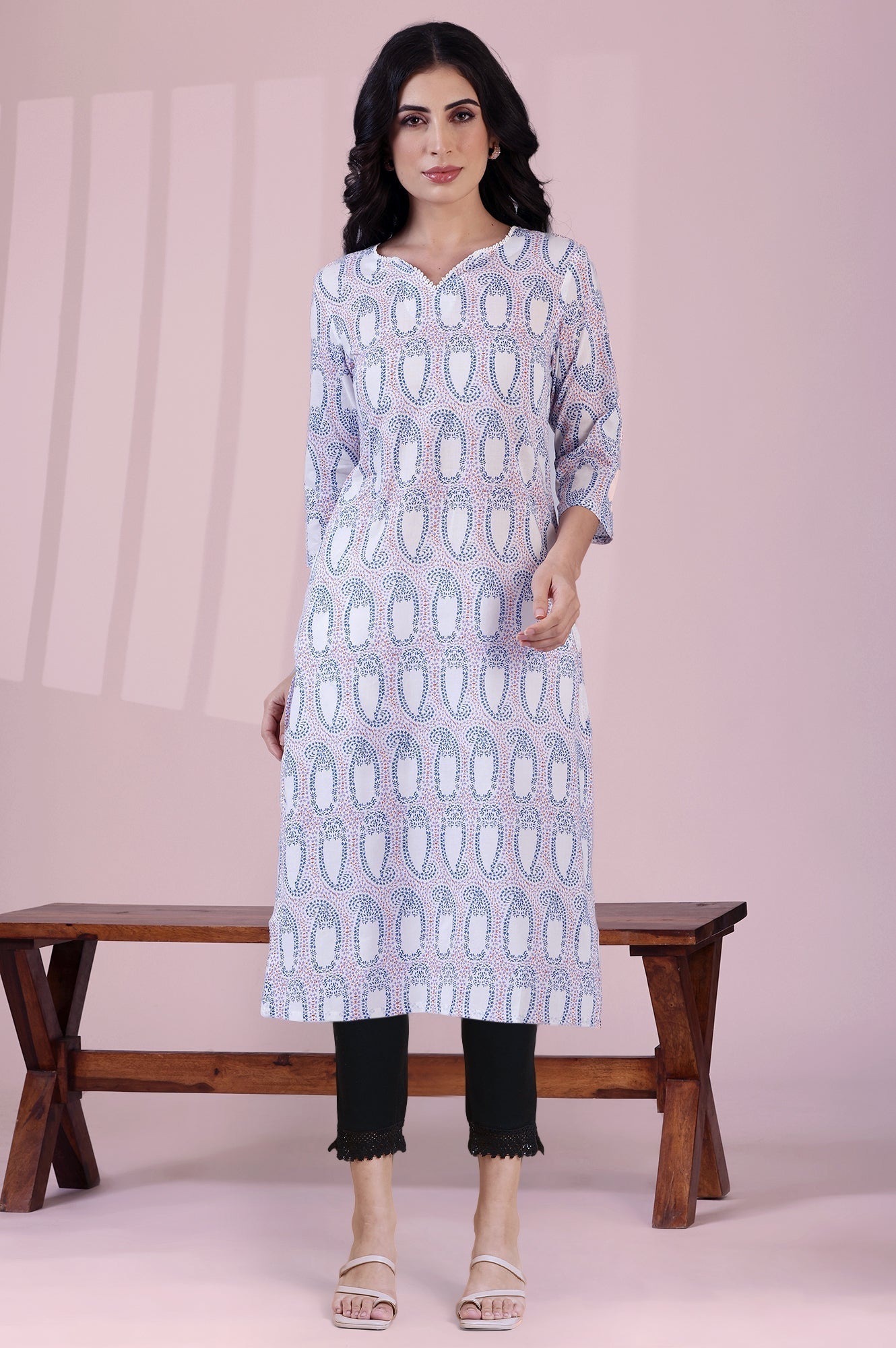 W for Woman White Printed Pure Cotton Straight Kurta and Slim Pant Set