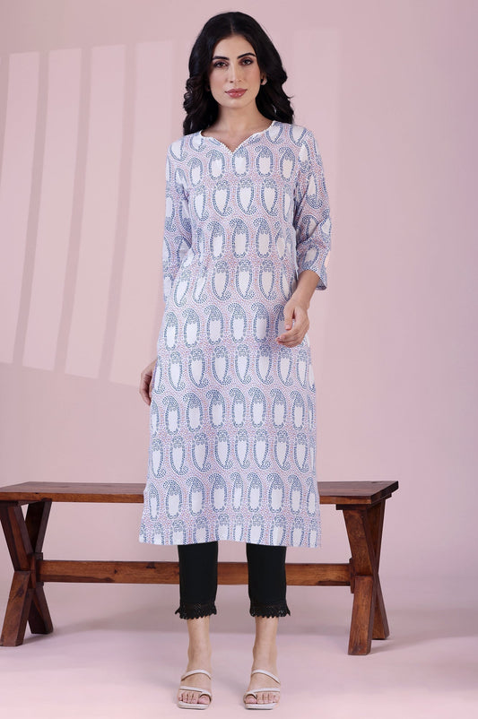 W for Woman White Printed Pure Cotton Straight Kurta and Slim Pant Set