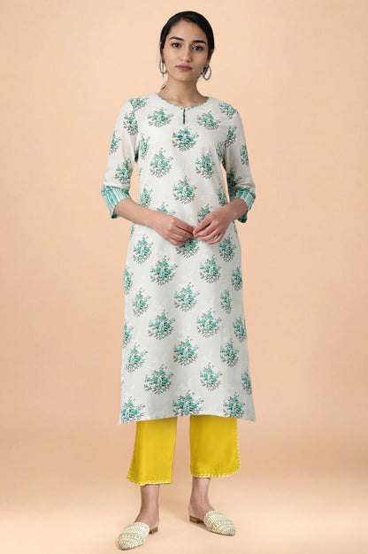 W for Woman Green Floral Printed Lace Pure Cotton Straight Kurta and Straight Pant Set