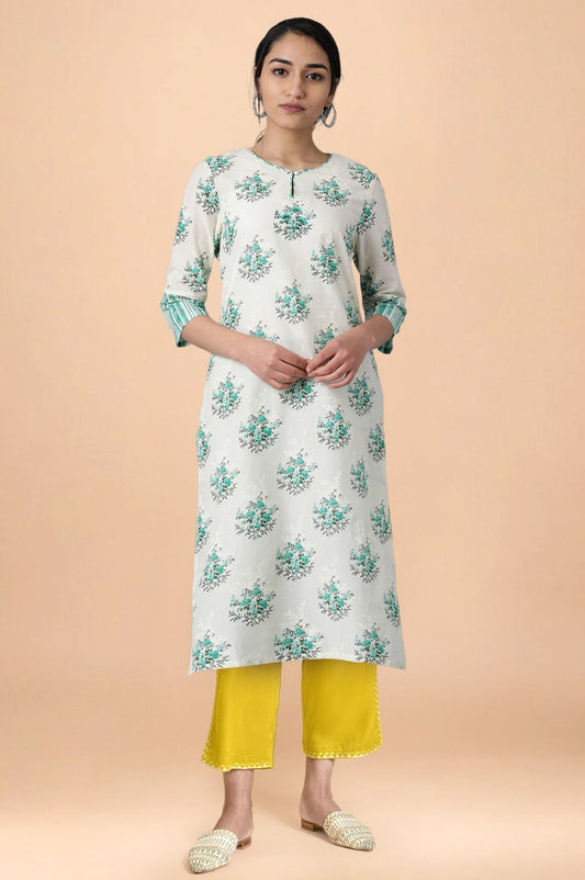 W for Woman Green Floral Printed Lace Pure Cotton Straight Kurta and Straight Pant Set