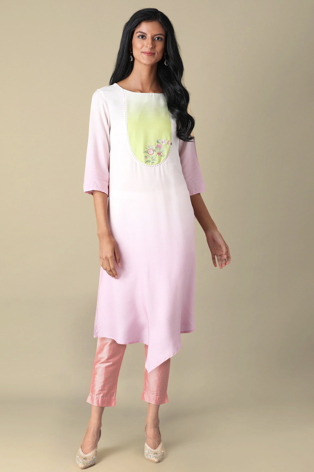 W for Woman Light Pink Solid Thread Embroidered Rayon Asymmetric Kurta and Slim Pant Set