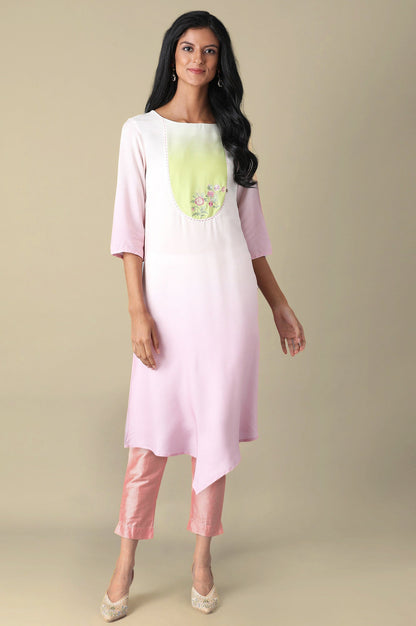 W for Woman Light Pink Solid Thread Embroidered Rayon Asymmetric Kurta and Slim Pant Set