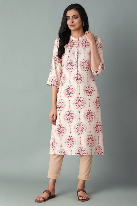 W for Woman Beige Geometric Printed Rayon Straight Kurta and Slim Pant Set