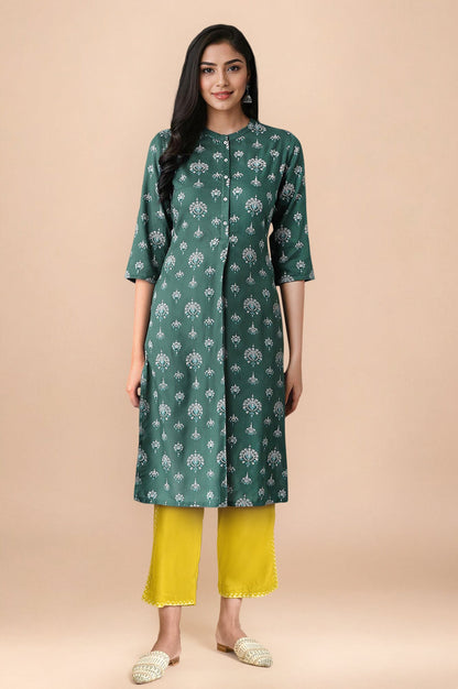 W for Woman Green Floral Printed Lace Rayon Straight Kurta and Straight Pant Set