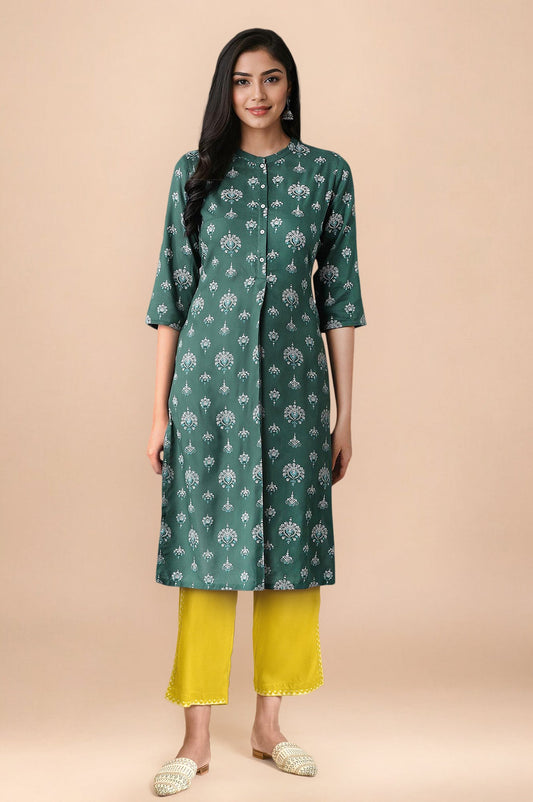 W for Woman Green Floral Printed Lace Rayon Straight Kurta and Straight Pant Set