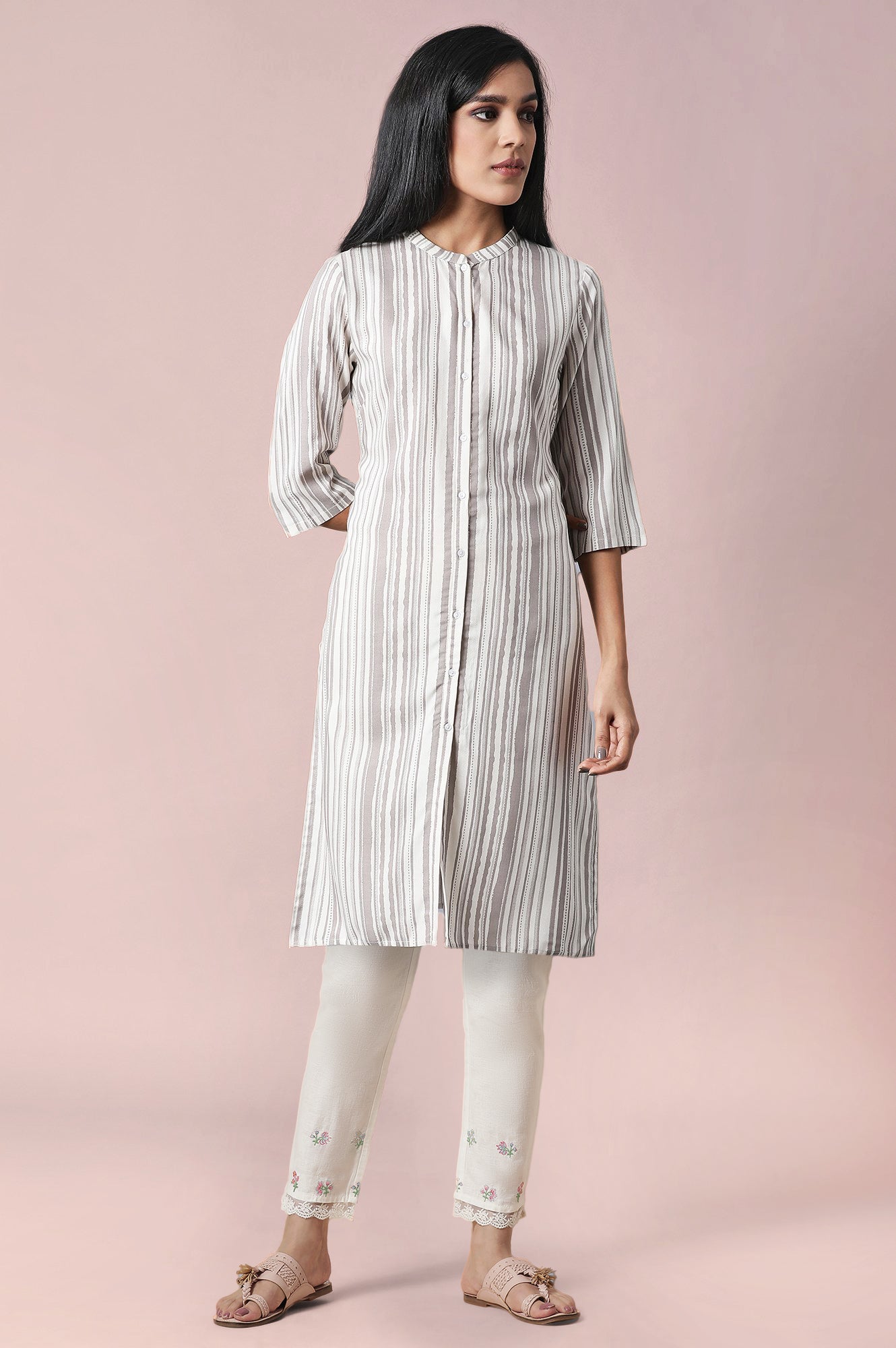 W for Woman Ecru Striped Thread Work Rayon Straight Kurta and Slim Pant Set