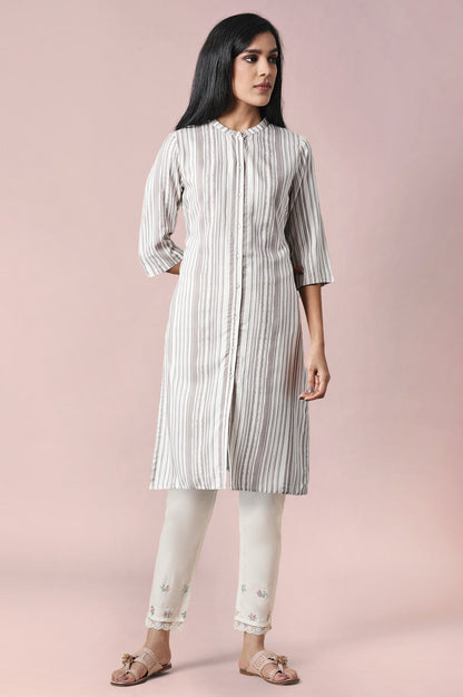 W for Woman Ecru Striped Thread Work Rayon Straight Kurta and Slim Pant Set