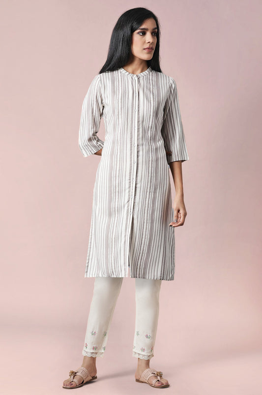 W for Woman Ecru Striped Thread Work Rayon Straight Kurta and Slim Pant Set
