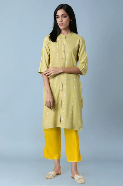 W for Woman Light Green Polka Dots Lace Rayon Straight Kurta and Straight Pant Set