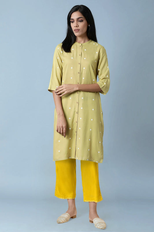 W for Woman Light Green Polka Dots Lace Rayon Straight Kurta and Straight Pant Set