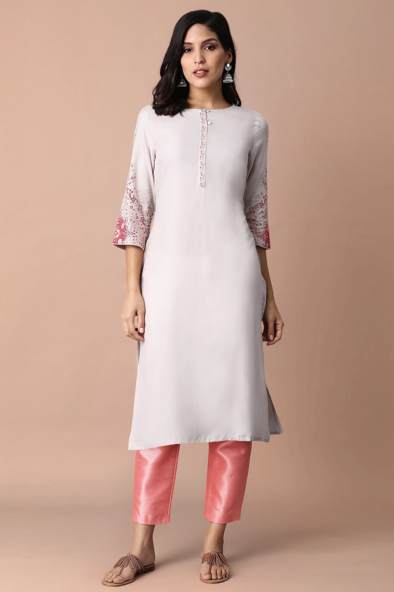 W for Woman Light Pink Paisley Rayon Straight Kurta and Slim Pant Set