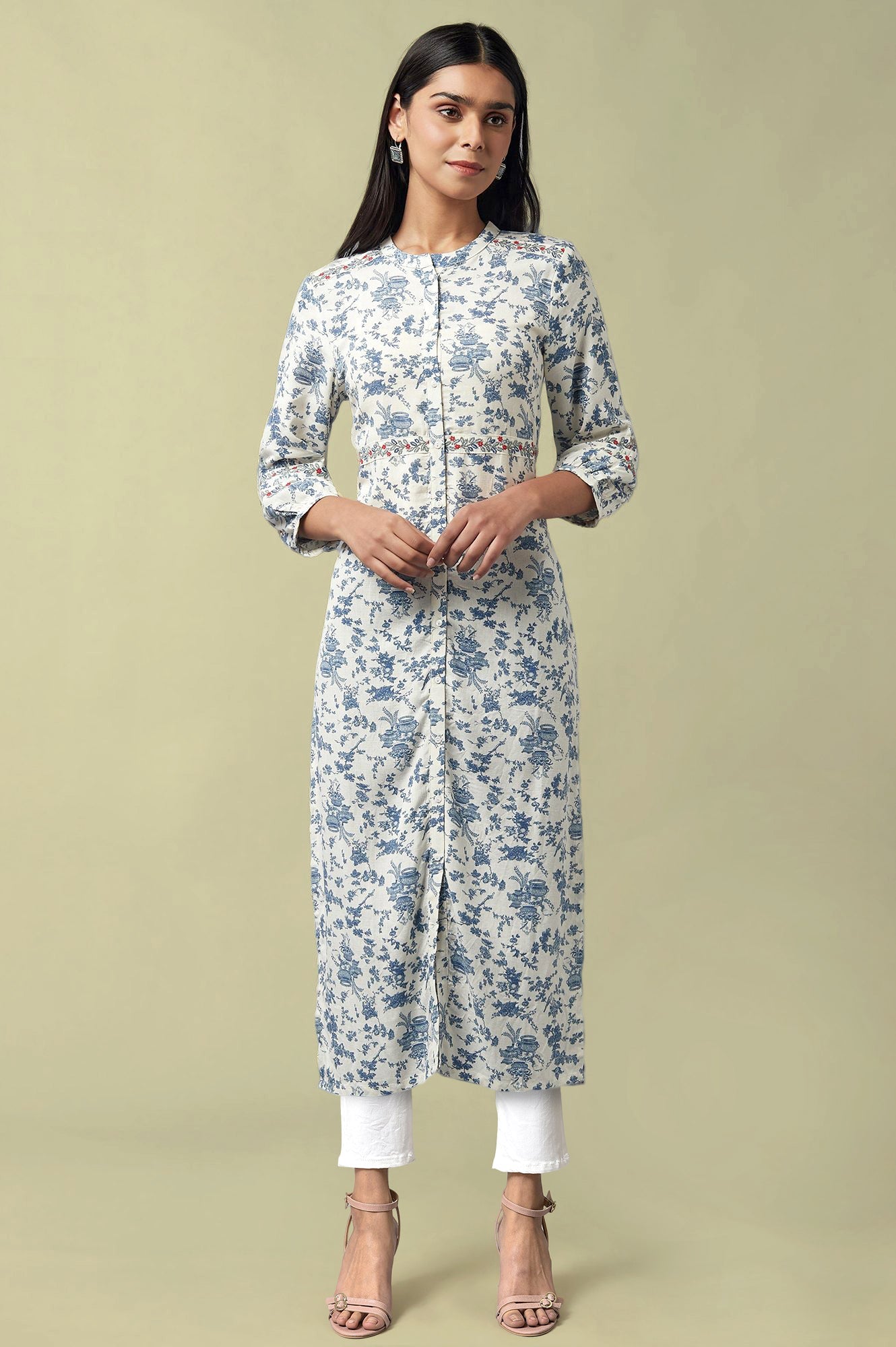 W for Woman Ecru Floral Printed Thread Embroidered Rayon Flax Straight Kurta and Jegging Set
