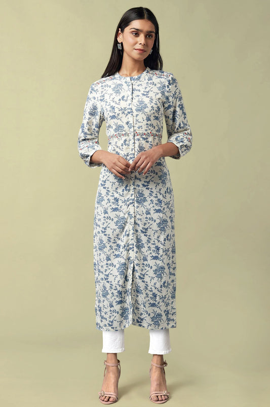W for Woman Ecru Floral Printed Thread Embroidered Rayon Flax Straight Kurta and Jegging Set