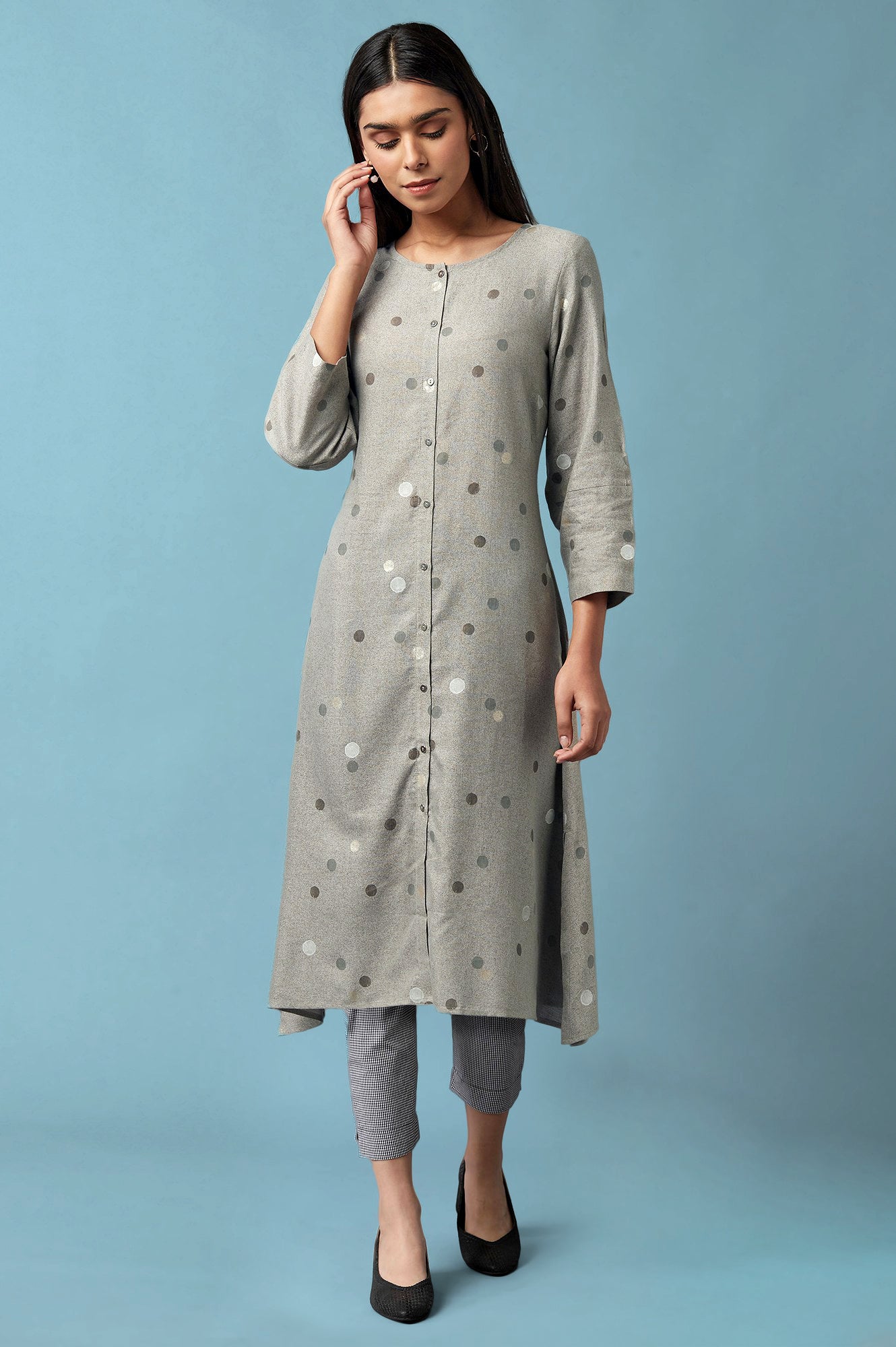 W for Woman Grey Polka Dots Rayon Flax A-Line Kurta and Slim Pant Set
