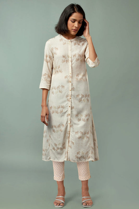 W for Woman Beige Printed Rayon A-Line Kurta and Slim Pant Set