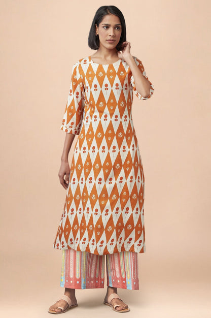 W for Woman Orange Floral Printed Rayon A-Line Kurta and Parallel Pant Set
