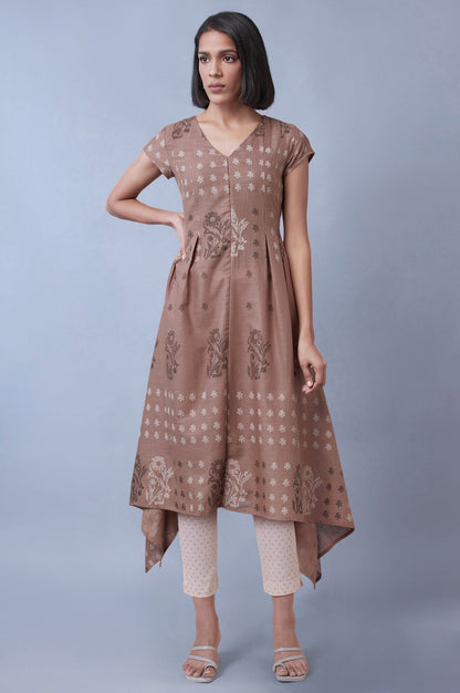W for Woman Beige Floral Printed Pure Cotton Flared Kurta and Slim Pant Set