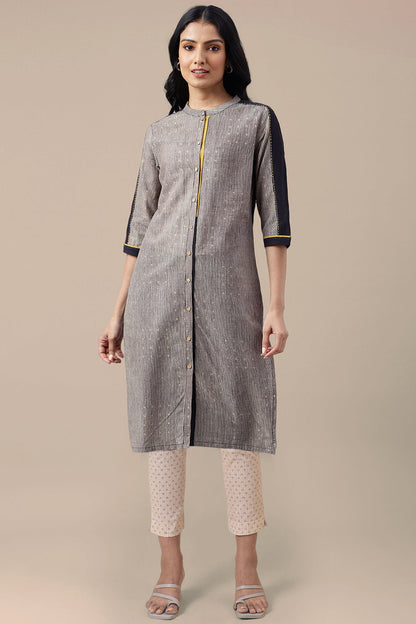W for Woman Beige Striped Thread Embroidered Pure Cotton Straight Kurta and Slim Pant Set