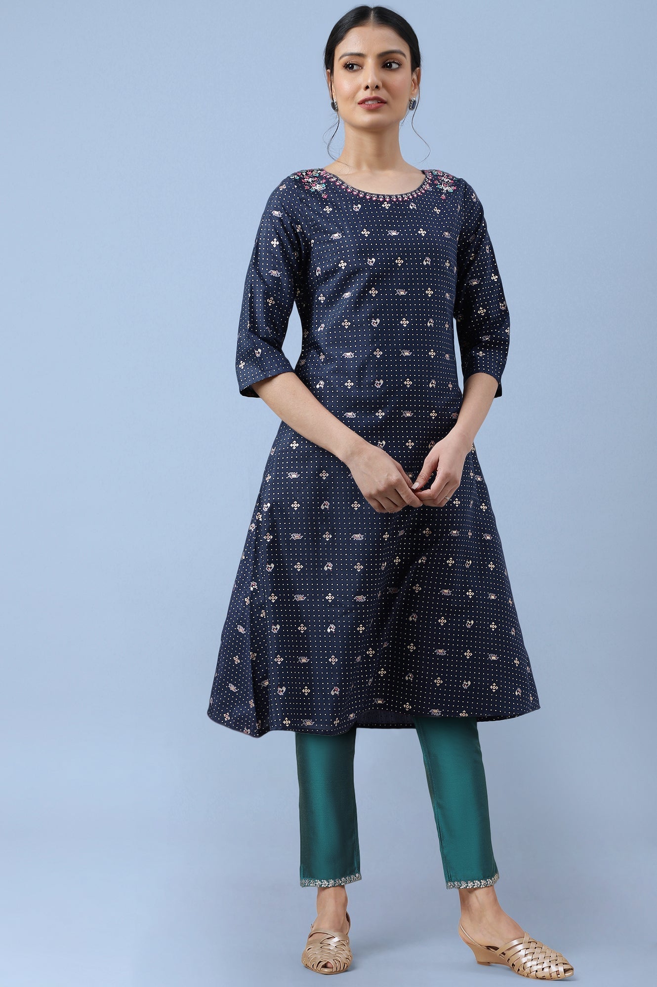W for Woman Dark Blue Printed Thread Embroidered Shantung A-Line Kurta and Slim Pant Set