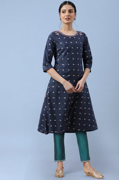 W for Woman Dark Blue Printed Thread Embroidered Shantung A-Line Kurta and Slim Pant Set