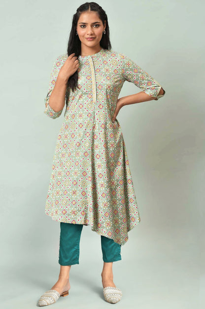 W for Woman Light Green Geometric Printed Beads Shantung A-Line Kurta and Slim Pant Set