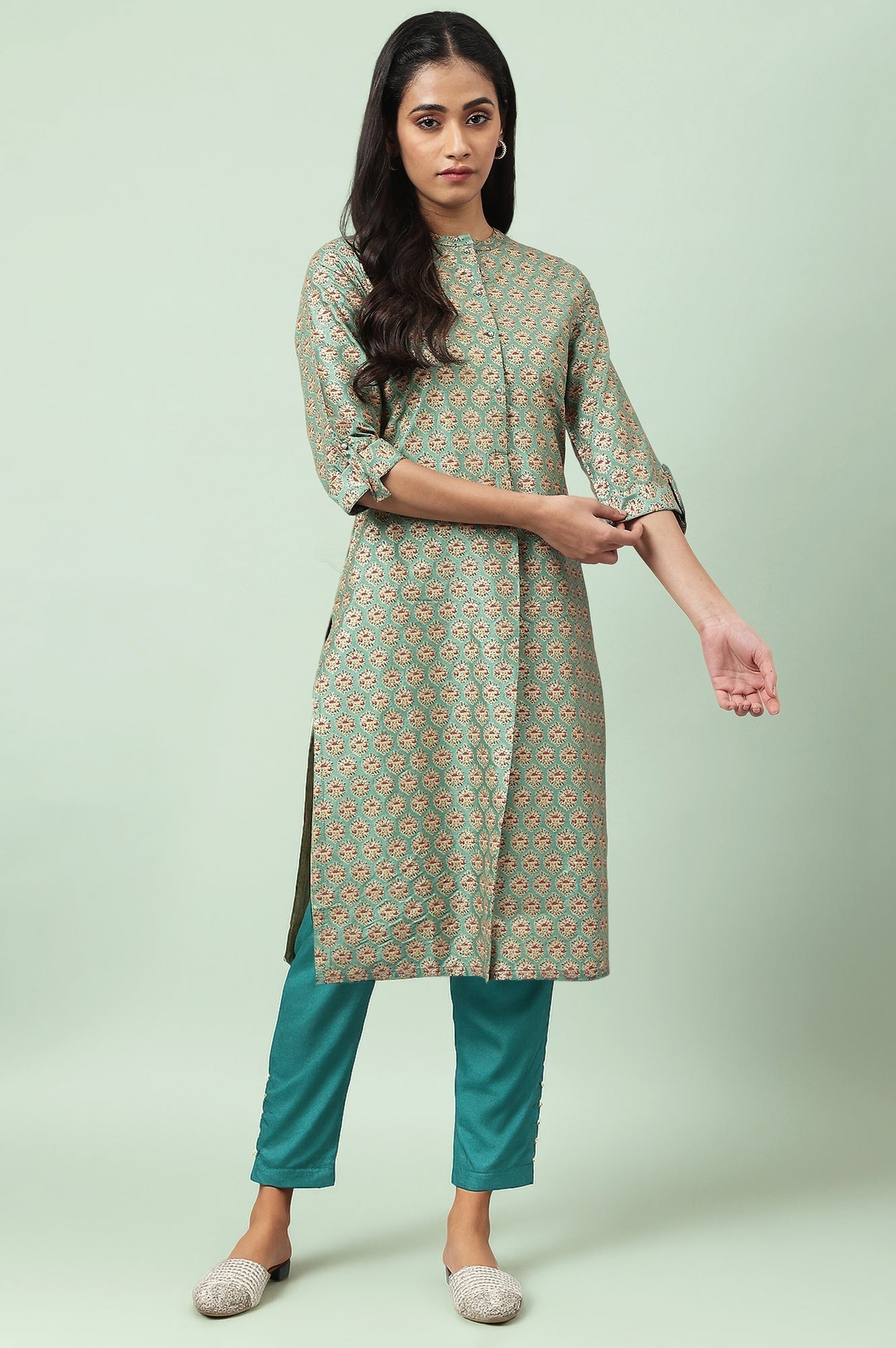W for Woman Light Green Floral Printed Beads Shantung Straight Kurta and Slim Pant Set