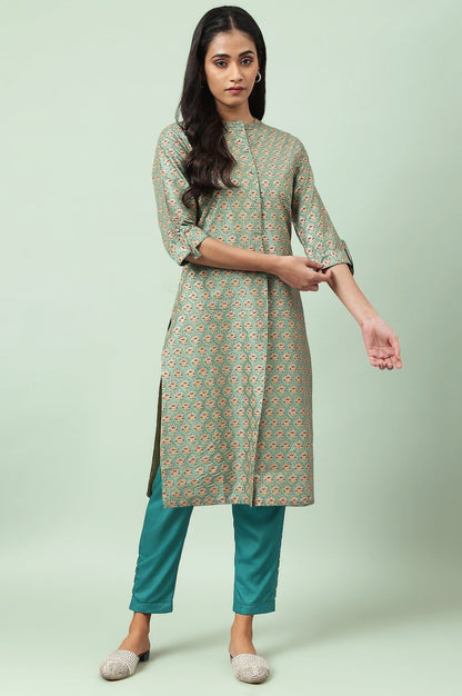 W for Woman Light Green Floral Printed Beads Shantung Straight Kurta and Slim Pant Set