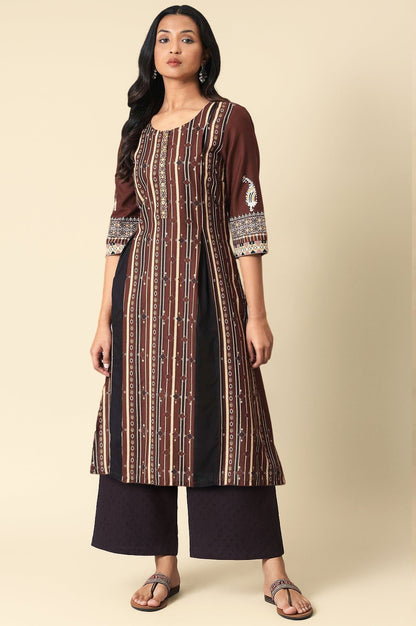 W for Woman Dark Brown Printed Coins Rayon A-Line Kurta and Parallel Pant Set