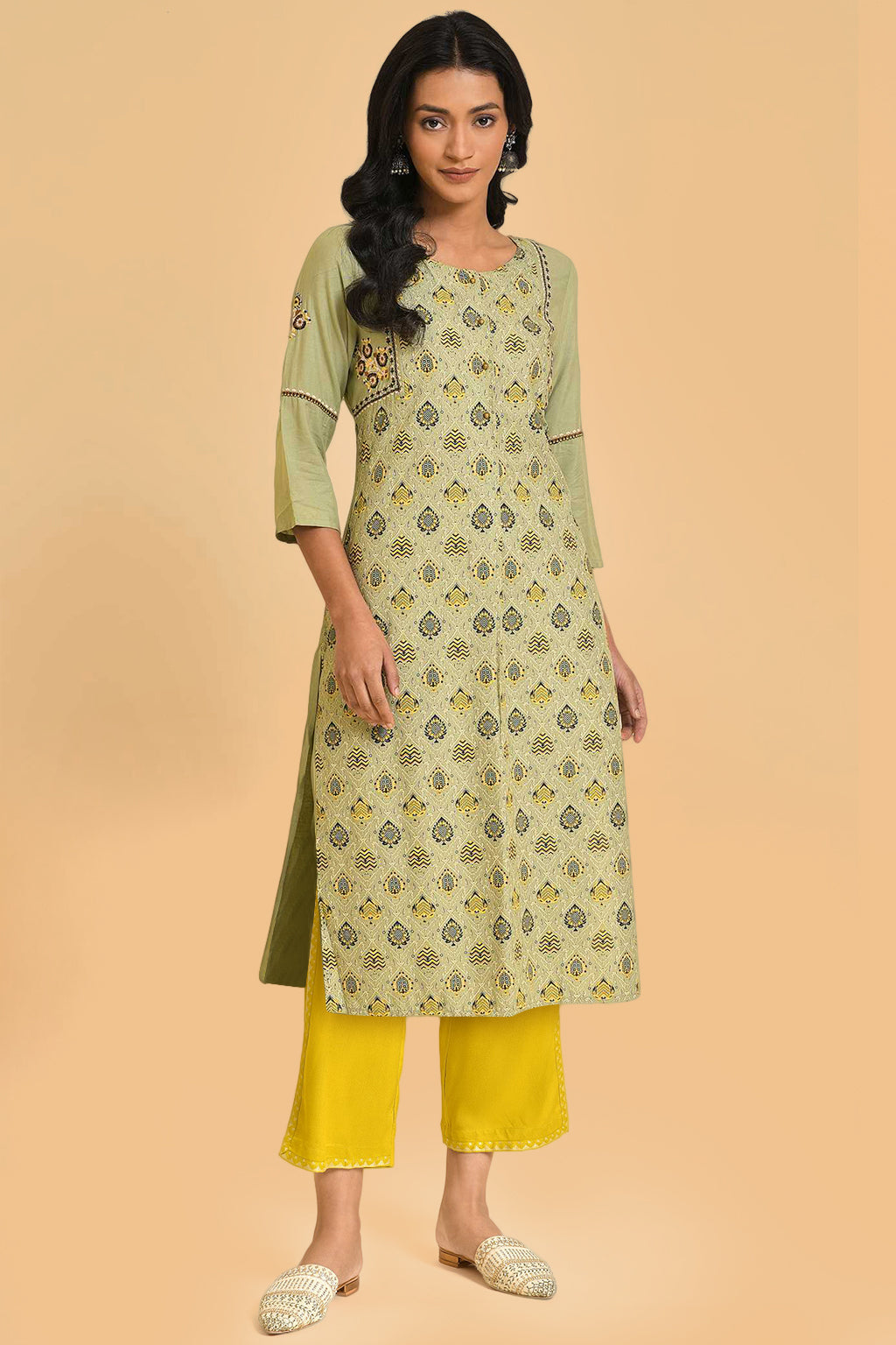W for Woman Light Green Printed Thread Embroidered Rayon A-Line Kurta and Straight Pant Set
