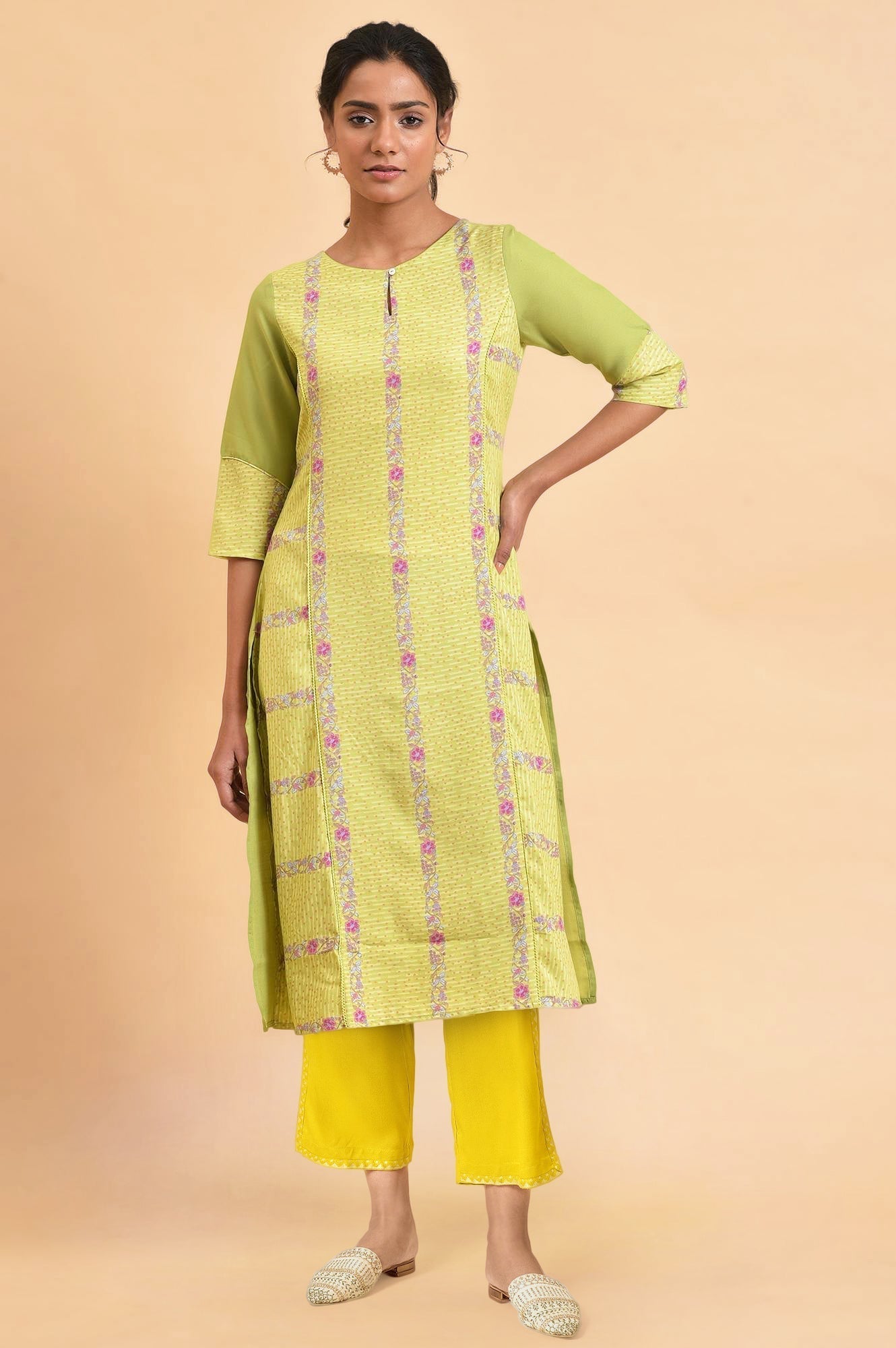 W for Woman Light Green Floral Printed Lace Spun Poly A-Line Kurta and Straight Pant Set