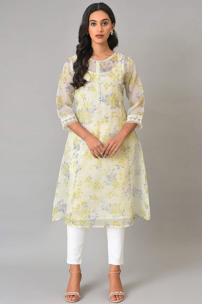 W for Woman Ecru Floral Printed Lace Kota A-Line Kurta and Jegging Set
