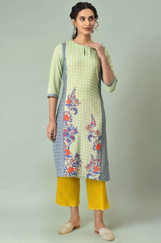 W for Woman Green Floral Printed Lace Muslin Silk Straight Kurta and Straight Pant Set