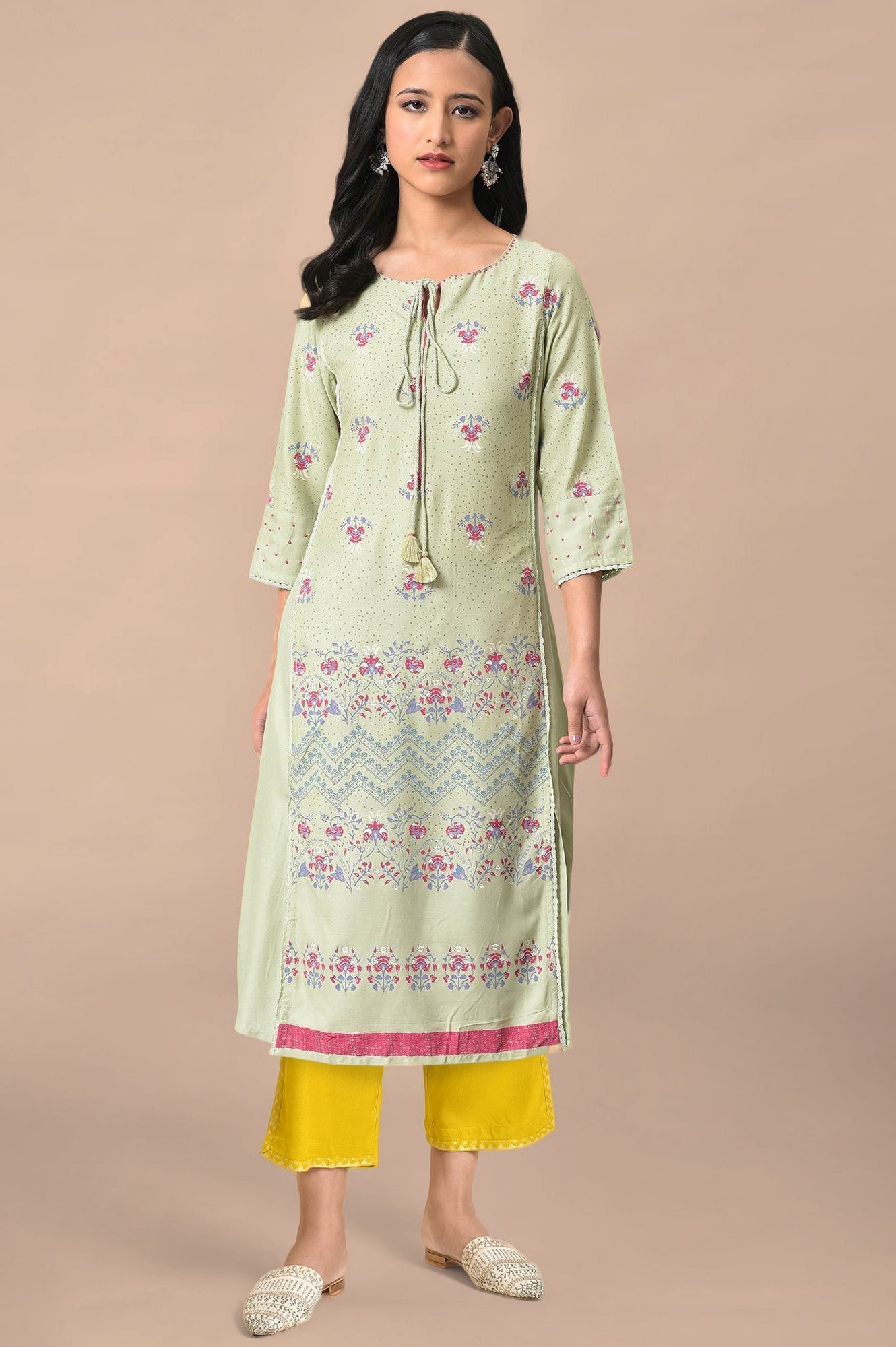 W for Woman Green Floral Printed Beads Rayon A-Line Kurta and Straight Pant Set