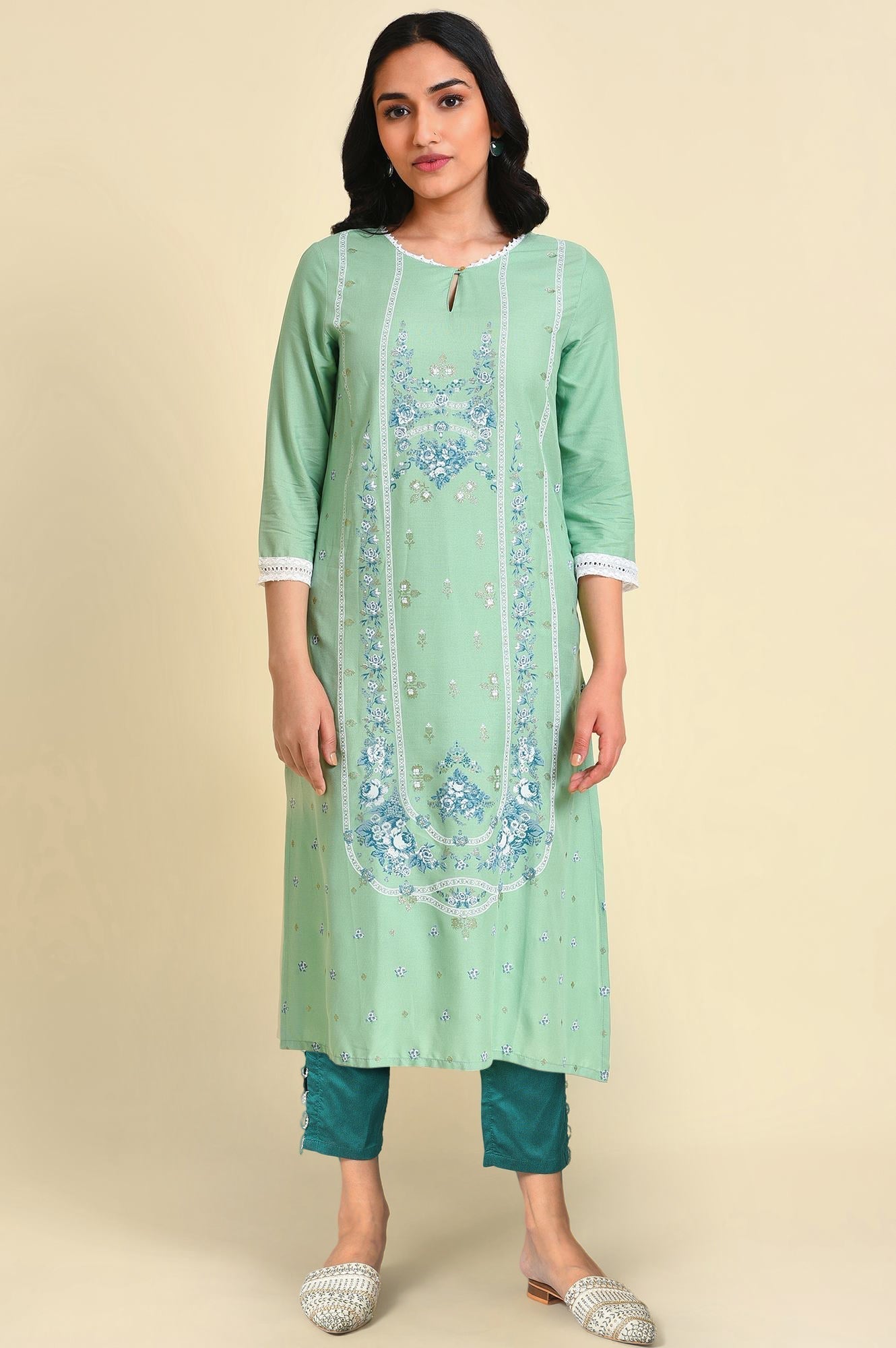 W for Woman Light Green Floral Printed Lace Rayon Straight Kurta and Slim Pant Set