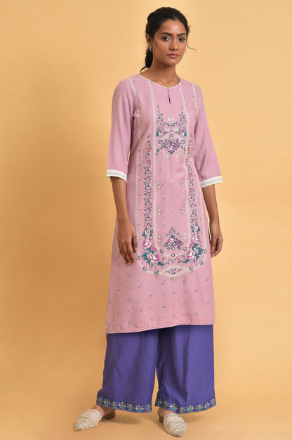 W for Woman Light Purple Floral Printed Lace Rayon Straight Kurta and Parallel Pant Set