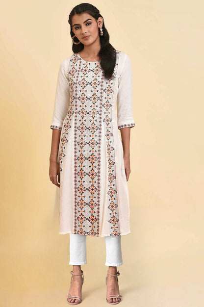 W for Woman Ecru Geometric Printed Jacquard Straight Kurta and Jegging Set