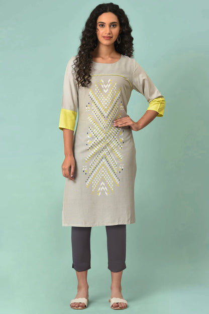 W for Woman Light Grey Geometric Printed Rayon Straight Kurta and Slim Pant Set