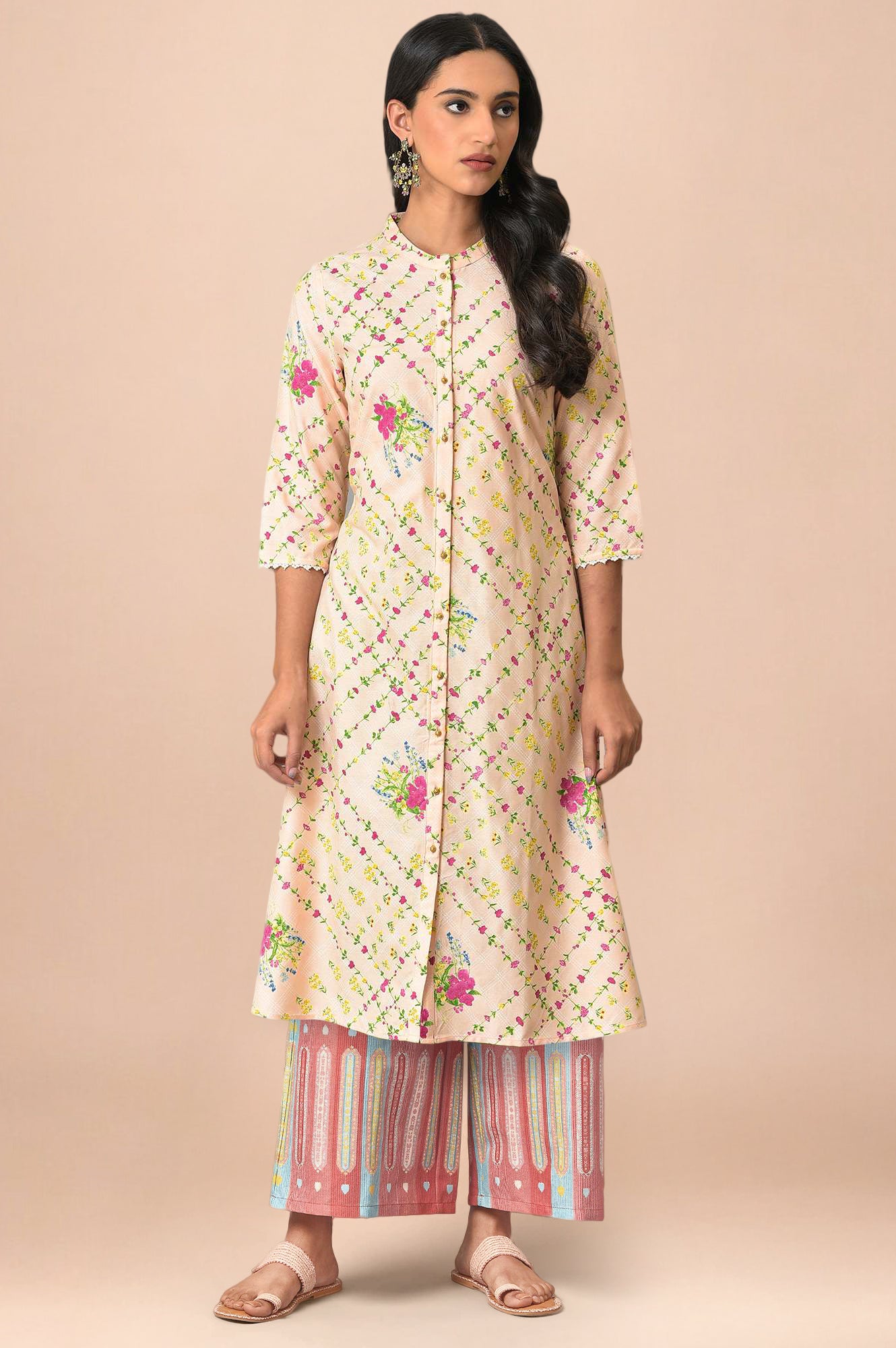 W for Woman Light Orange Floral Printed Lace Rayon A-Line Kurta and Parallel Pant Set