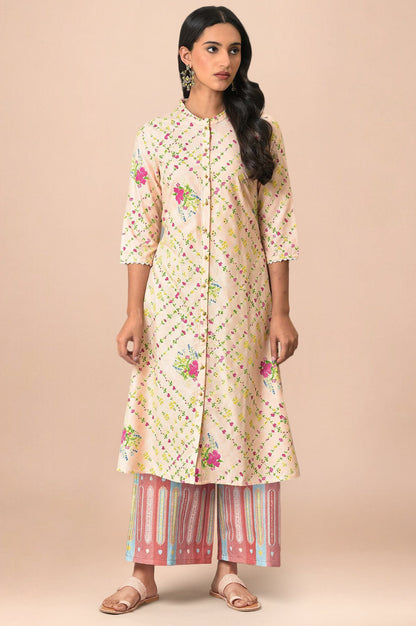 W for Woman Light Orange Floral Printed Lace Rayon A-Line Kurta and Parallel Pant Set